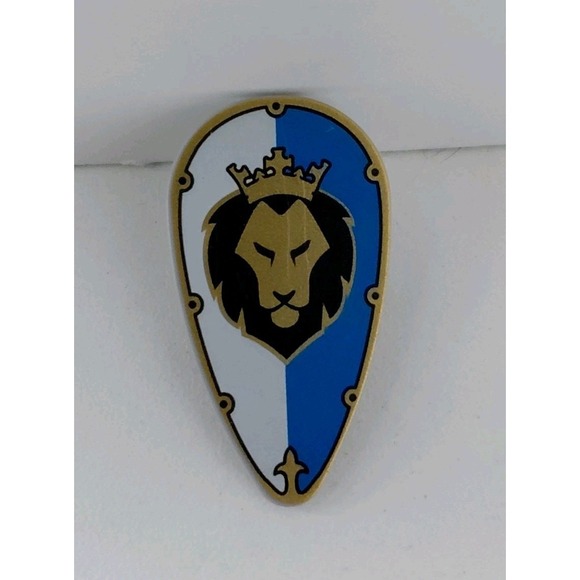 Lego Shield Ovoid with Black & Gold Lion Head with Crown On Blue & White - Picture 1 of 4